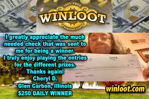 Winloot's tweet photo. 👏Congrats to Cheryl D. of Glen Carbon, Illinois
$250 Daily #Winner!
And thank you for the photo and kind words!😊

Keep playing Winloot for 100+ daily ways to #win cash and prizes: https://t.co/1DOhrIMe7h https://t.co/sNgm9rkwVl