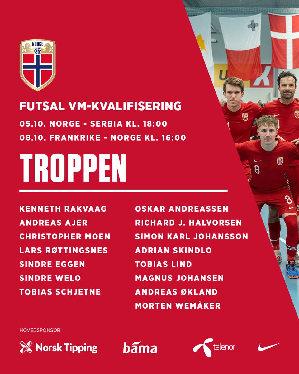 Helgas futsalturnering var en viktig oppkjøring til VM-kvalifiseringskampene som spilles nå i oktober.
Her er troppen! Serbia-kampen spilles i Grorud Flerbrukshus. Billetter: grorudil.ticketco.events/no/nb/m/e/norg…