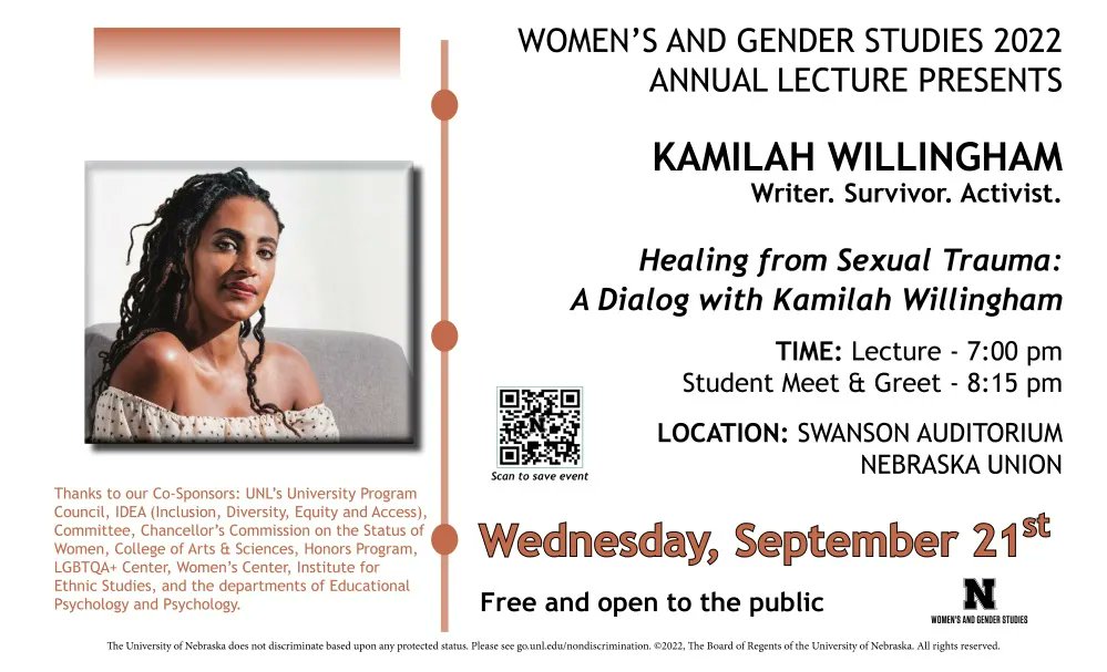 UNL Human Rights (@hrha_unl) on Twitter photo This Wednesday, September 21, our friends at UNL Women's and Gender Studies are presenting a dialog with Kamilah Willingham on the incredibly important human rights issue of sexual trauma. We hope to see you there! This Wednesday, September 21, our friends at UNL Women's and Gender Studies are presenting a dialog with Kamilah Willingham on the incredibly important human rights issue of sexual trauma. We hope to see you there!