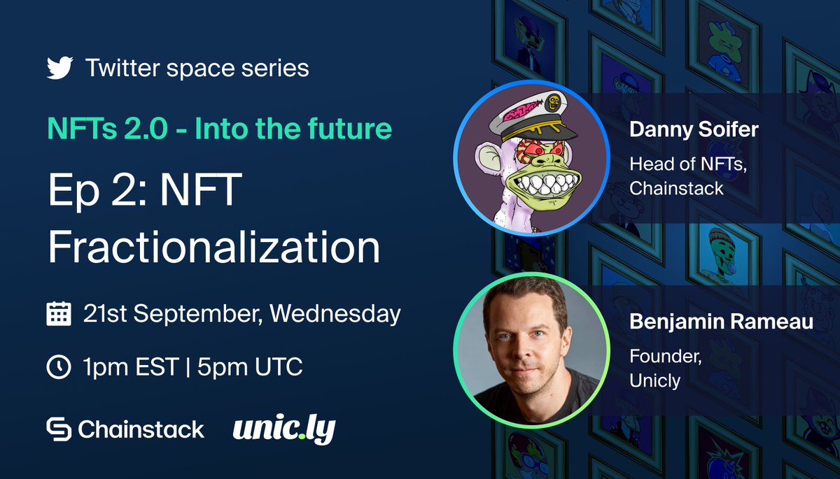 NFTs 2.0 - Into the Future: Powered by <a href="/ChainstackHQ/">Chainstack 💙🛠️</a> with <a href="/uniclyNFT/">unicly</a> 

Join <a href="/rambo1stbld/">RamboEnthusiast</a> and me as we chat about NFT Fractionalization 🤝  

Make sure to tune in to learn HOW and WHY you may want to fractionalize your NFT(s)!