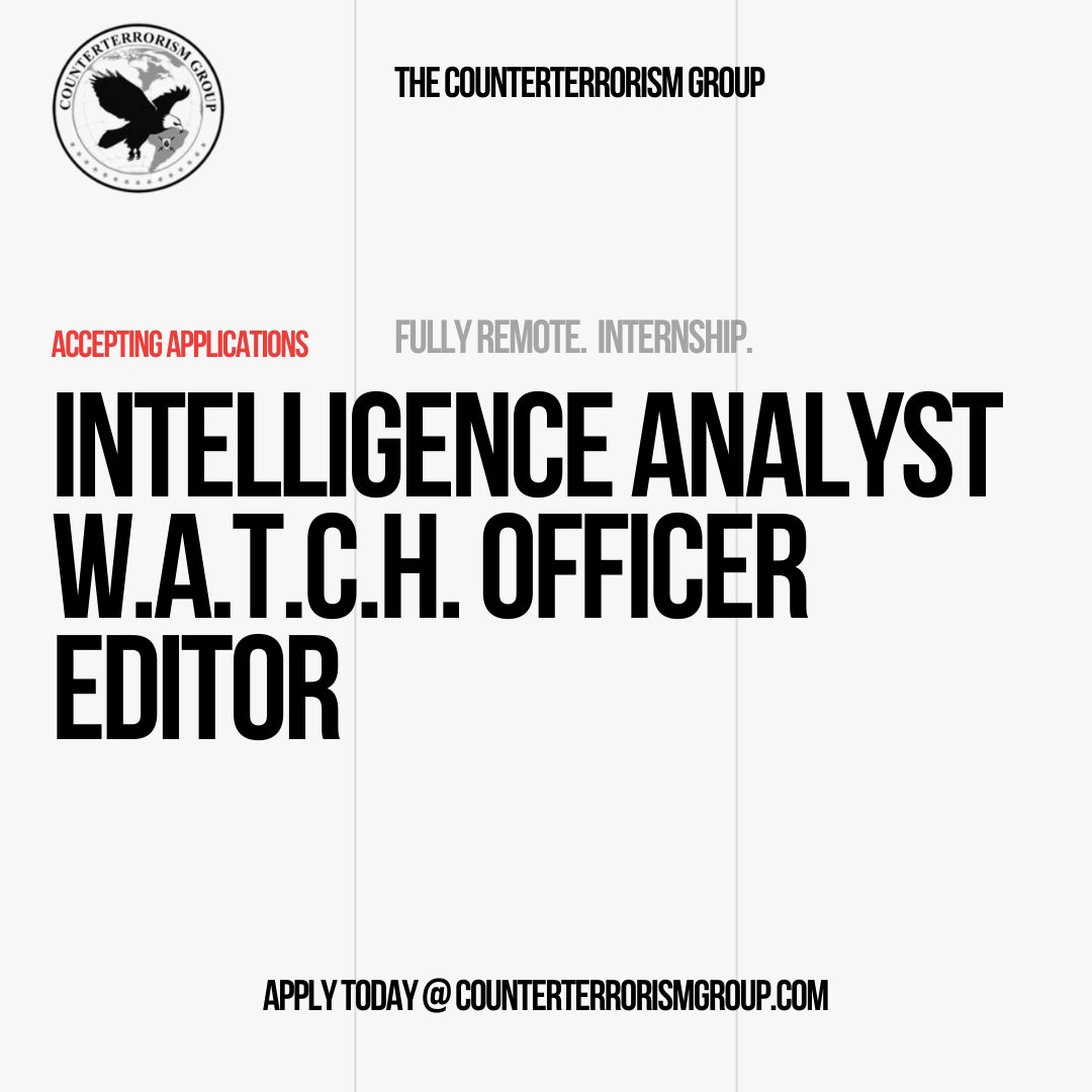 The_CTGroup's tweet photo. 📢 THE CTG IS ACCEPTING APPLICATIONS FOR INTERNSHIPS📢

Read More @ https://t.co/mqOiybW7RK

The Counterterrorism Group has started its application process for the Session I 2023 Internship Program.

#internship #analysis #analysisskills #data #gsoc #security #counterterrorism https://t.co/xLL0oGyTXA