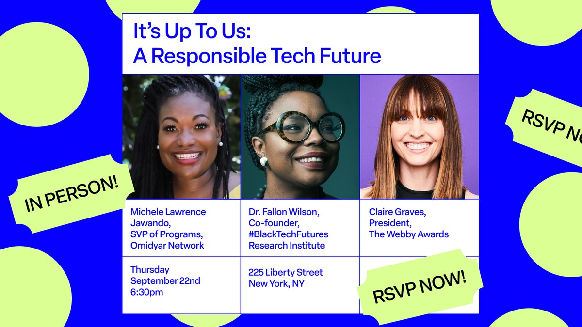 TheWebbyAwards's tweet photo. On Thursday we’re releasing our Trend Report on the state of Responsible Technology, in partnership with @OmidyarNetwork, and we're excited to kick off the launch with an exploration of the topics covered in the report together in NYC for our first in-person event of the season! https://t.co/0bYqFr2Lfl
