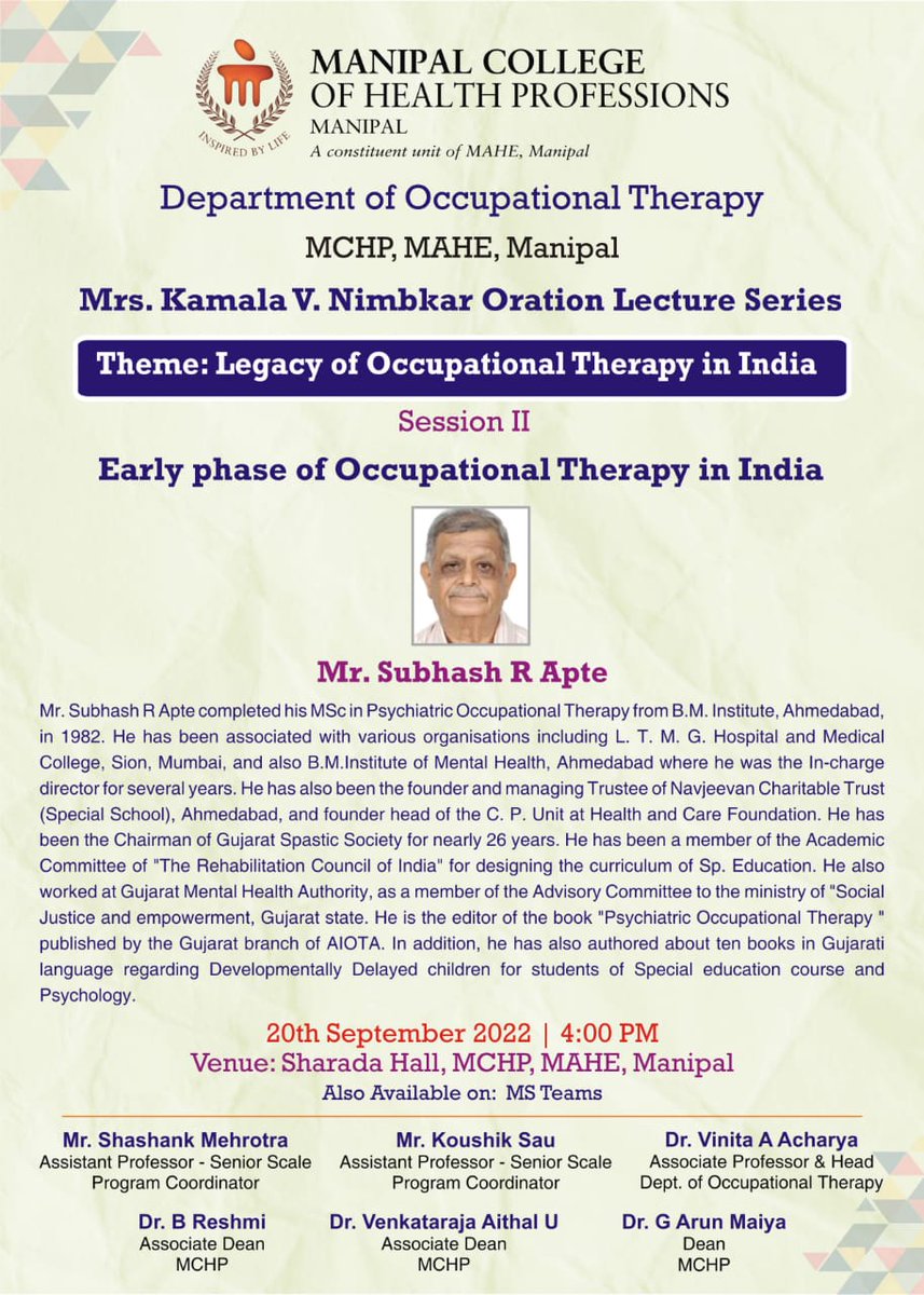 OT_MCHP_MAHE's tweet photo. Hello everyone 🙂
We at the @OT_MCHP_MAHE @MCHP_MAHE @MAHE_Manipal are pleased to organize Mrs. Kamala V. Nimbkar Oration lecture series 1/2
@thewfot @aiotaaiota https://t.co/opuYWLOGLF