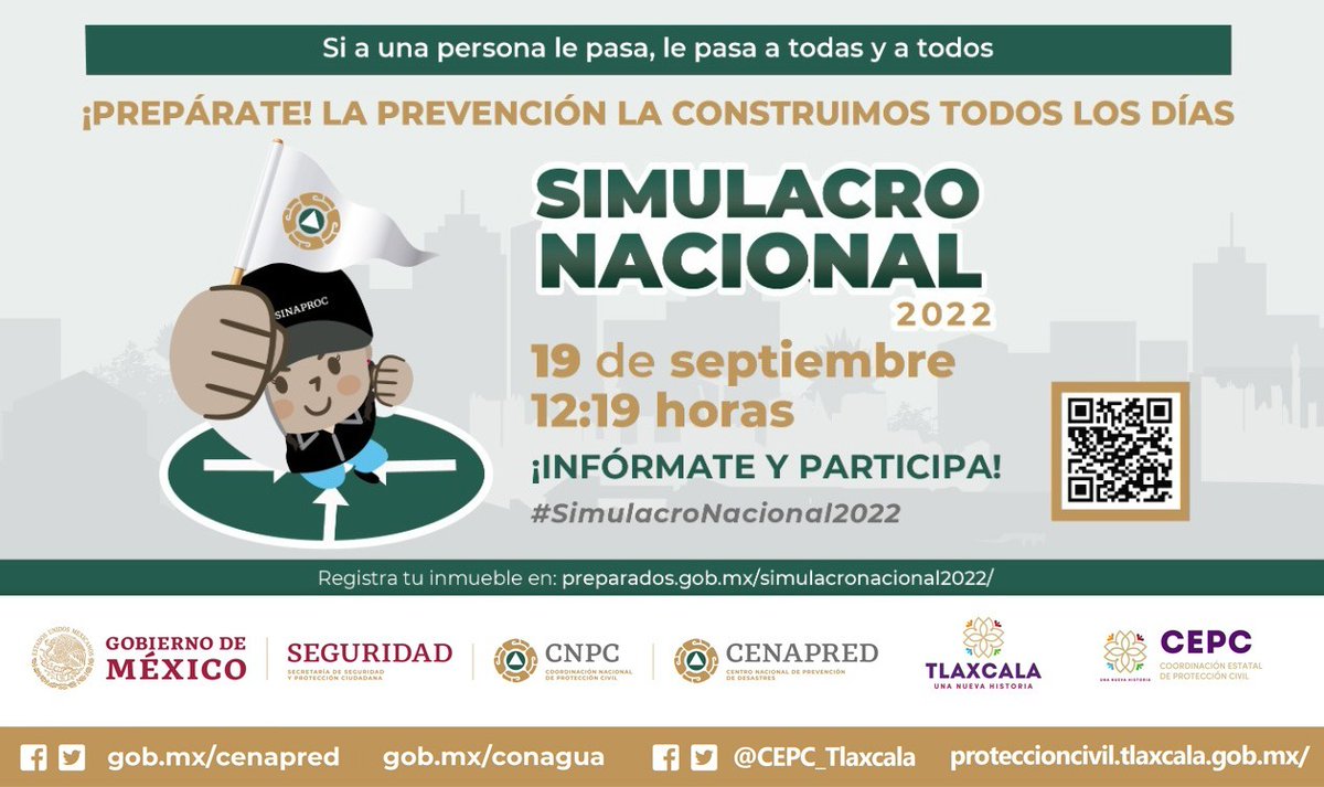 GobTlaxcala's tweet photo. En el marco de los sismos ocurridos en septiembre de 1985 y 2017, la @CEPC_TLAXCALA y la Red Municipal de Protección Civil #RMPC del estado, se encuentran preparadas para realizar el Simulacro Nacional 2022 este 19 de septiembre a 12:19 h. https://t.co/Uby9kvnKhc