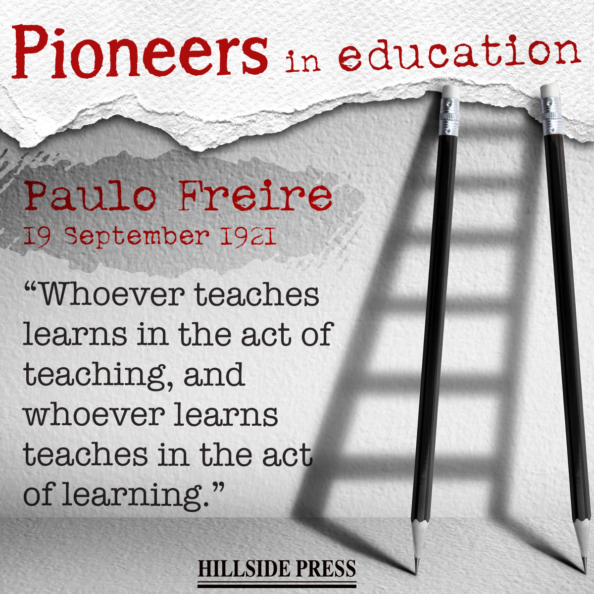 elthillside's tweet photo. Paulo Freire was one of the most influential philosophers of education of the 20th century. In a Freire-type education, people bring their own knowledge and experience into the process and interactive methods are applied.

#PioneersInEducation https://t.co/tJE5I8i2Xo