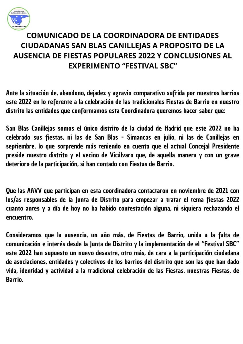 CecSbc's tweet photo. COMUNICADO DE LA COORDINADORA DE ENTIDADES CIUDADANAS SAN BLAS CANILLEJAS A PROPOSITO DE LA AUSENCIA DE FIESTAS POPULARES 2022 Y CONCLUSIONES AL EXPERIMENTO “FESTIVAL SBC”

#SomosBarrio #JuntasHacemosCiudad #SanBlasCanillejas #Madrid https://t.co/VpI25fK8Ca