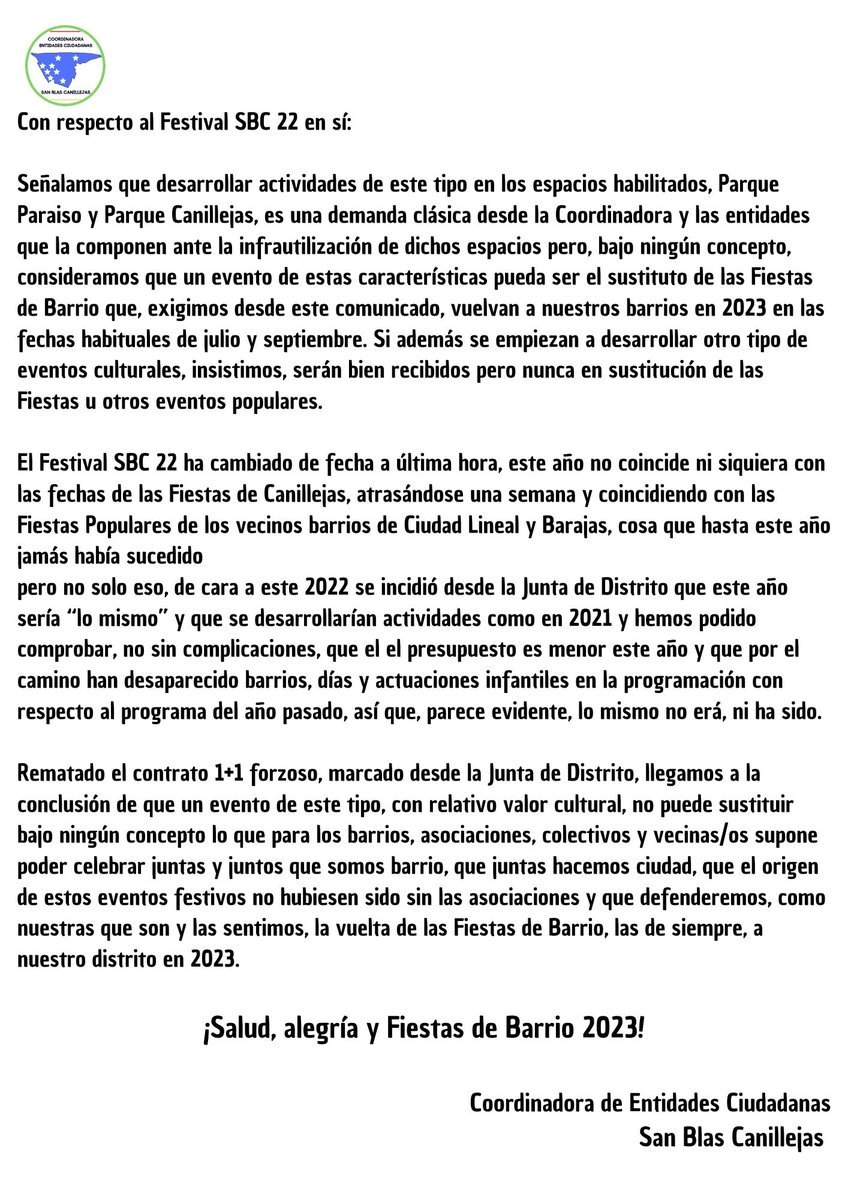 CecSbc's tweet photo. COMUNICADO DE LA COORDINADORA DE ENTIDADES CIUDADANAS SAN BLAS CANILLEJAS A PROPOSITO DE LA AUSENCIA DE FIESTAS POPULARES 2022 Y CONCLUSIONES AL EXPERIMENTO “FESTIVAL SBC”

#SomosBarrio #JuntasHacemosCiudad #SanBlasCanillejas #Madrid https://t.co/VpI25fK8Ca