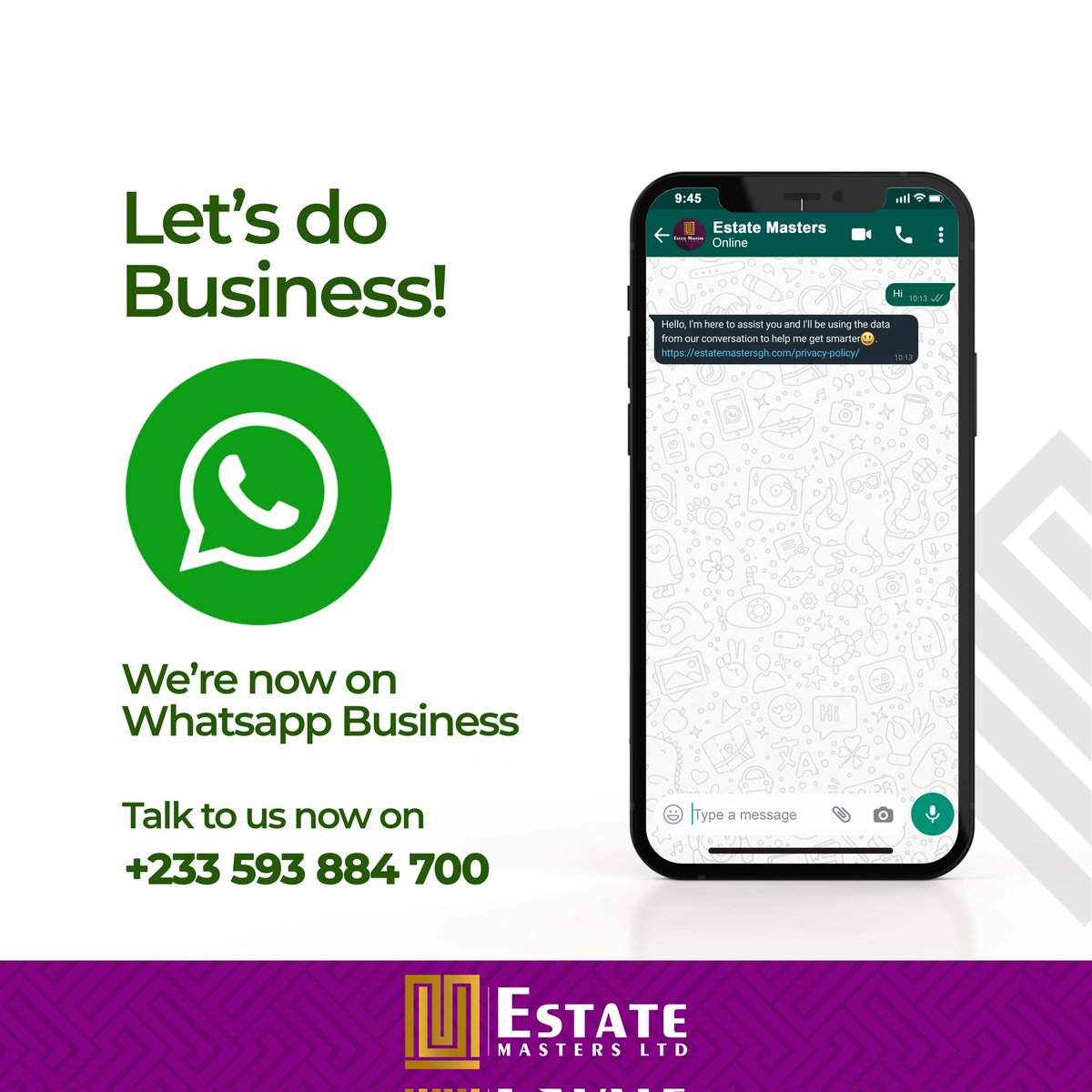 estatemastersgh's tweet photo. We are live on @whatsappbiz. Send us your messages and we will be glad to assist you. 0593884700. 
#Weareestatemasters #Estatemastersgh
#whatsappbusiness
Your most preferred estate partners! https://t.co/R7H0lRXPP1