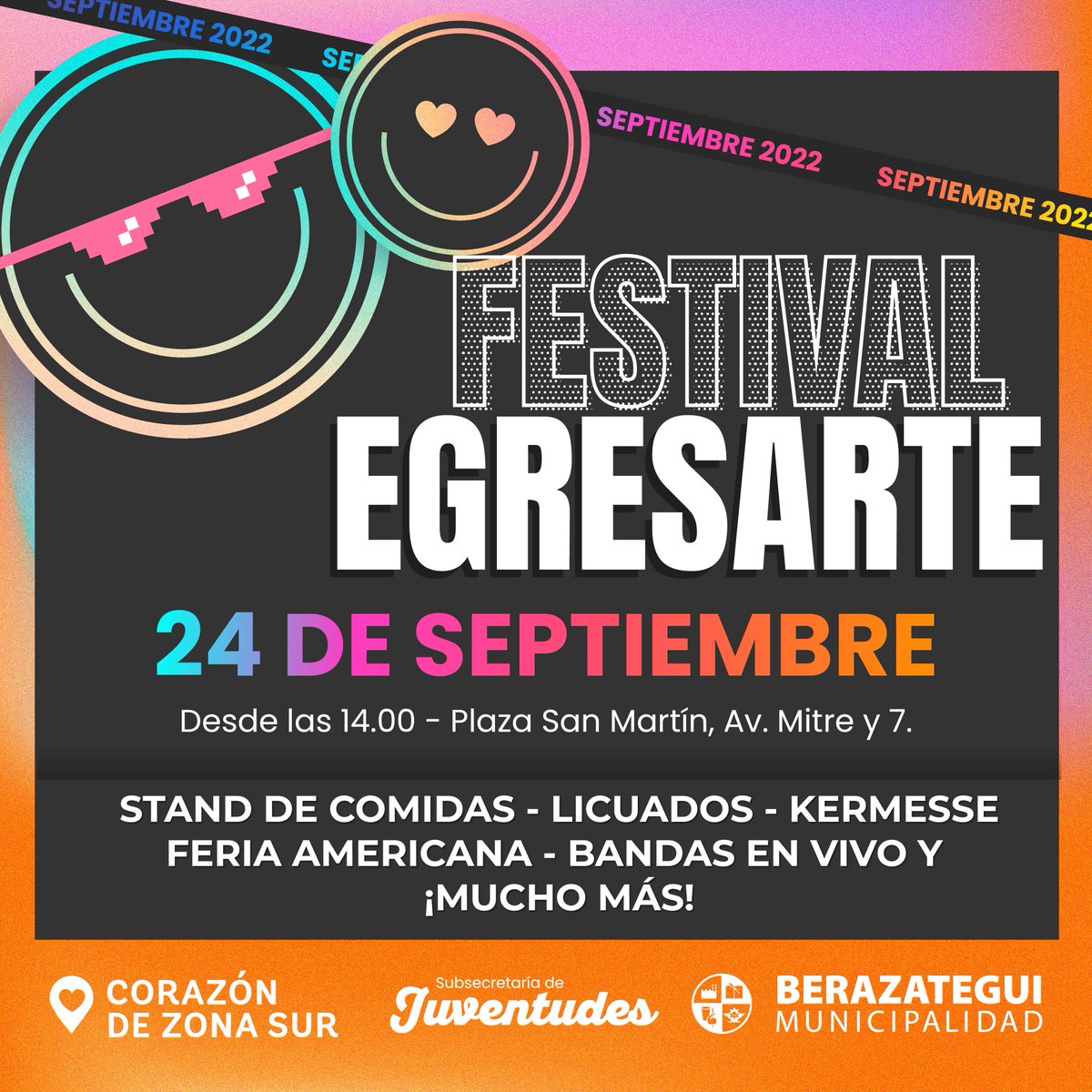 MuniBerazategui's tweet photo. ¡Llega el Festival #Egresarte! 🫶
Acercate este sábado 24/9 a la #PlazaSanMartín a pasar una tarde de encuentro y recreación con tus amigos.
🔸Stand de comidas.
🔸Licuados.
🔸Kermesse.
🔸Feria americana.
🔸Bandas en vivo, ¡y mucho más!
📍Av. Mitre y 7.
🕛Desde las 14.00. https://t.co/GKyrVS5aZL