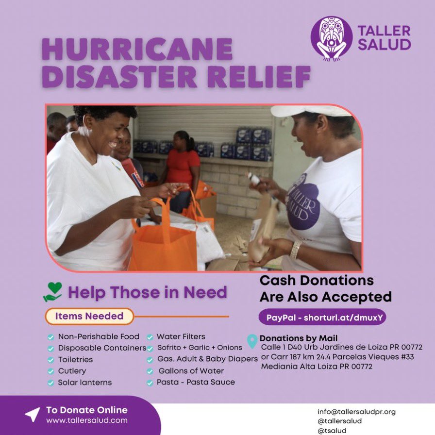 anna marĂa (@onlyannamaria) on Twitter photo 1) Taller Salud: <a href="/tsalud/">Taller Salud</a>
This is a feminist mutual aid org currently coordinating hurricane relief. Donate directly via PayPal at shorturl.at/dmuxY or tallersalud.com.
Here’s an infographic detailing all the material donations they’re collecting: 1) Taller Salud: <a href="/tsalud/">Taller Salud</a>
This is a feminist mutual aid org currently coordinating hurricane relief. Donate directly via PayPal at shorturl.at/dmuxY or tallersalud.com.
Here’s an infographic detailing all the material donations they’re collecting: