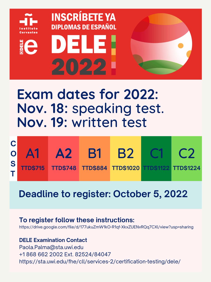 CLLUWI's tweet photo. Registration for the DELE Examination and our DELE Preparation course has begun. Visit our website for more information. https://t.co/4NFGBK1sPR #dele #ele #spanish #certification #InstitutoCervantes #beUWI @UWI_StAugustine https://t.co/rkbOVCmlm2