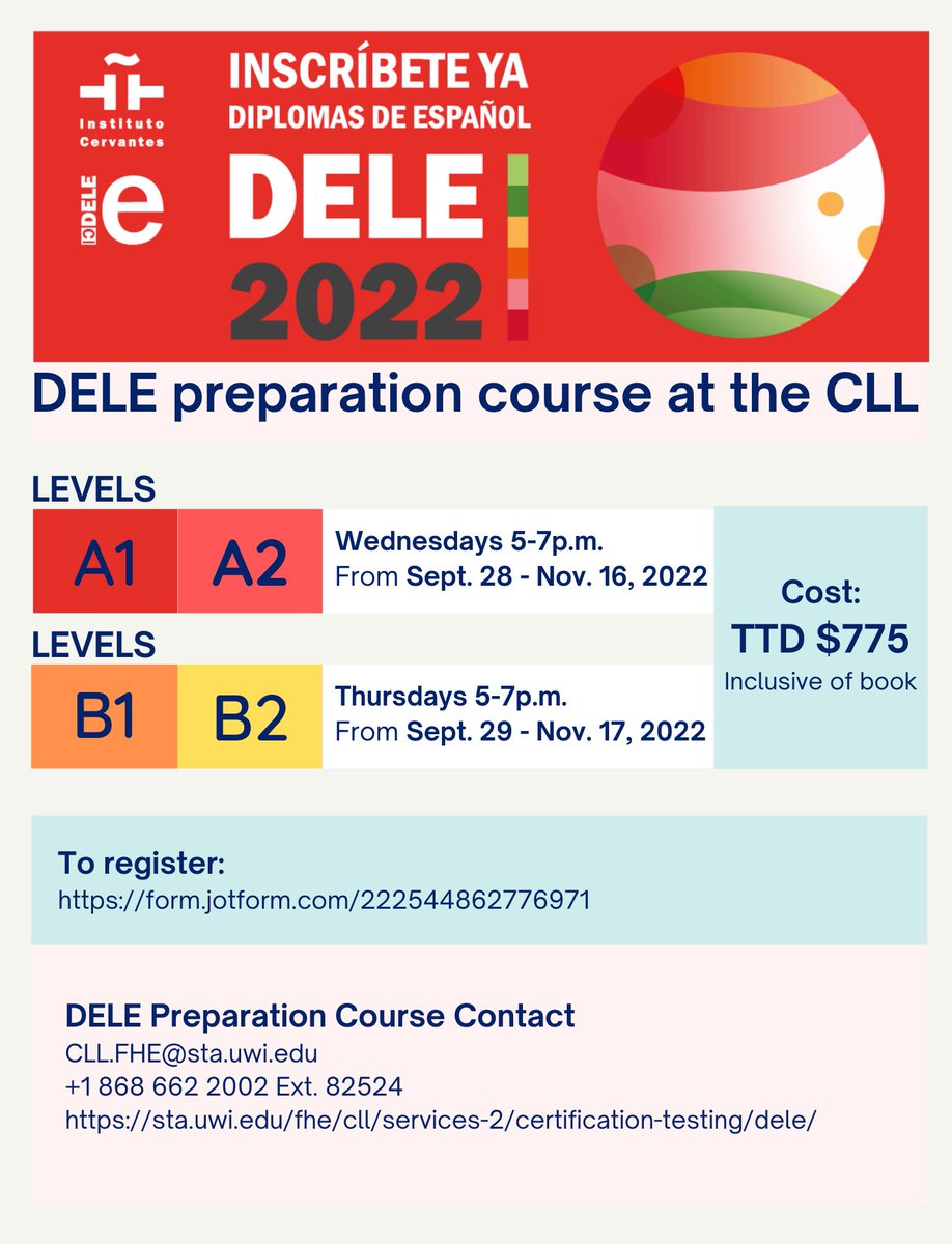 CLLUWI's tweet photo. Registration for the DELE Examination and our DELE Preparation course has begun. Visit our website for more information. https://t.co/4NFGBK1sPR #dele #ele #spanish #certification #InstitutoCervantes #beUWI @UWI_StAugustine https://t.co/rkbOVCmlm2