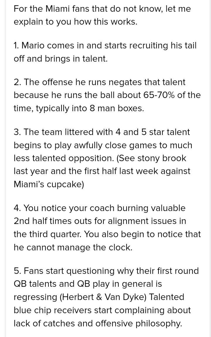 brycegoducks1's tweet photo. Where do Miami Fans sit on the 10 steps of A Mario Cristobal ran team? I think this could go 15-20 steps but this is pretty good. Thanks to whoever wrote this. https://t.co/nqqtQQOmC0