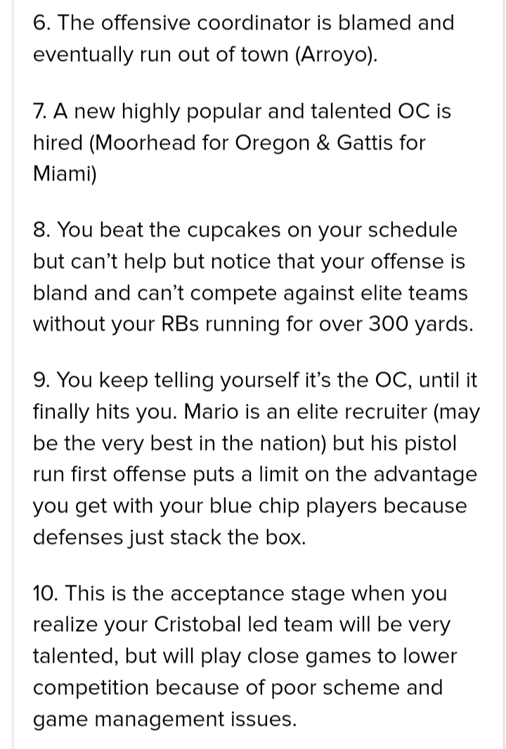 brycegoducks1's tweet photo. Where do Miami Fans sit on the 10 steps of A Mario Cristobal ran team? I think this could go 15-20 steps but this is pretty good. Thanks to whoever wrote this. https://t.co/nqqtQQOmC0