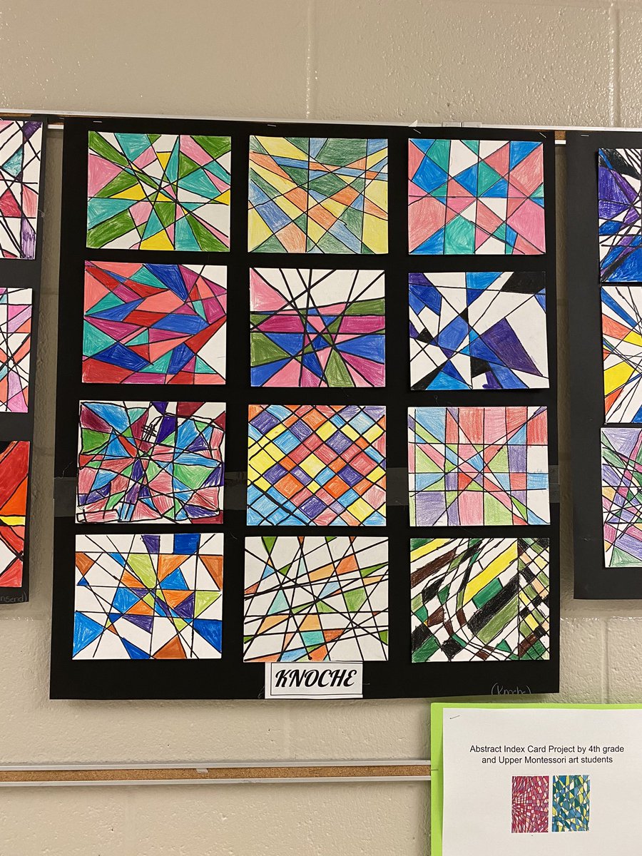 BrandiDianeFlo1's tweet image. What’s happening in the art room? Abstract geometric index cards! A collaborative lesson by fourth grade and upper Montessori students. #HECleads #HECMontessori @hecorleyelem