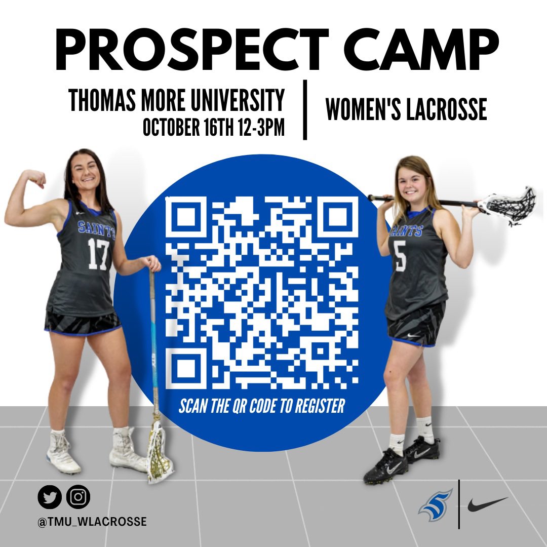 TMU_WLacrosse's tweet photo. Scan the QR code to register for Prospect Camp!
📍Thomas More University
🗓 October 16th
⏰ 12-3pm
💲 100 fee
—
#thomasmorewlax #letsgosaints #makingitmore #ncaad2provisional #ncaalacrosse #buildthelegacy #nike #prospectcamp #lacrosse https://t.co/wgfF6MDvLK