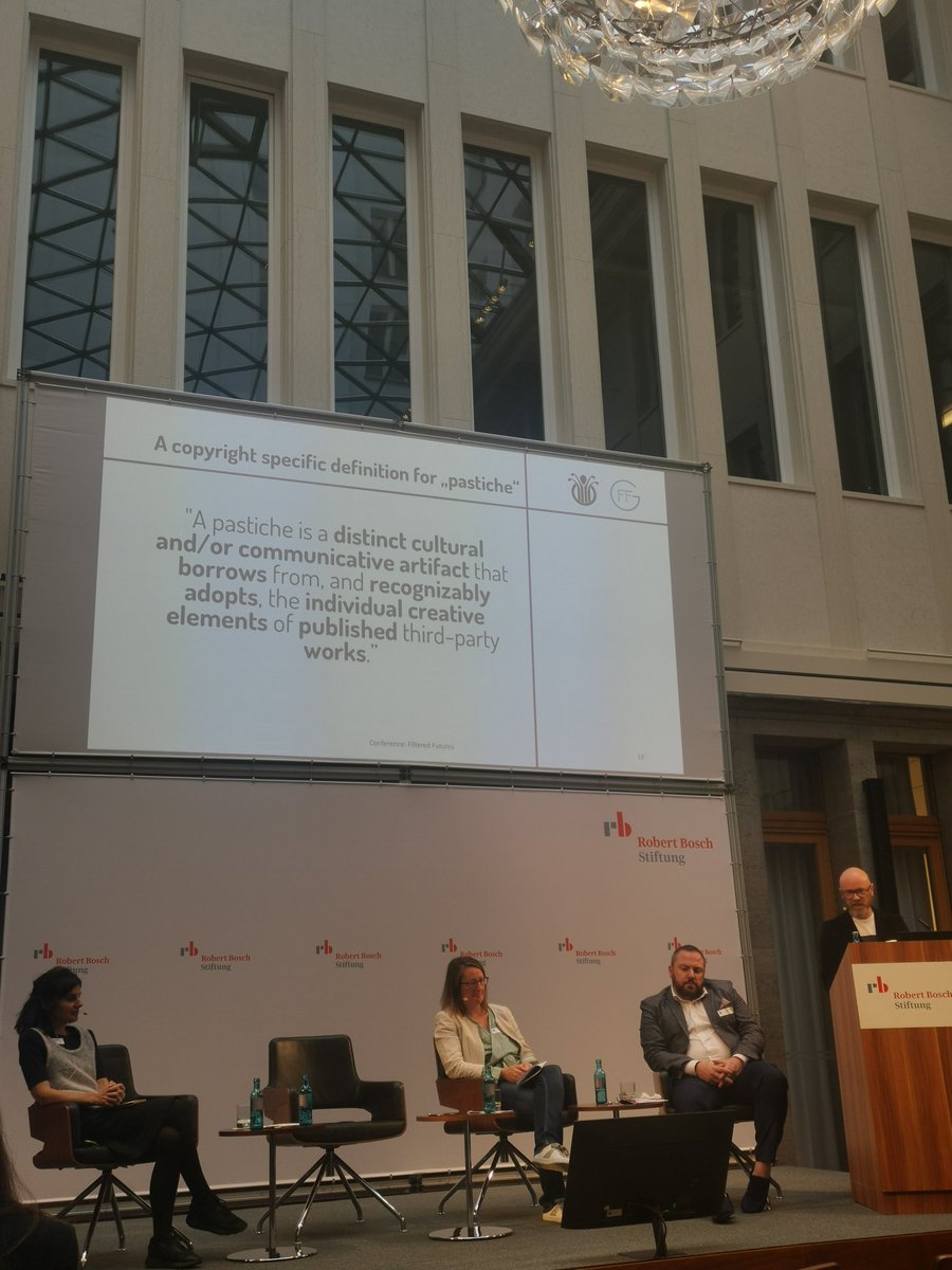 lucie_couz's tweet photo. Till Kreutzer from https://t.co/CQsyDRoE9N defining pastiche at The #filteredfutures conference by @communia_eu, panel moderated by @tenobre. According to the definition, pastiche could be memes, mashups or fan art. https://t.co/Rr9AZzRxqU