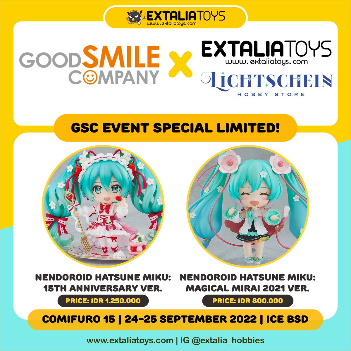 extalia_cs's tweet photo. Calling Wibu Indonesia! Mampir booth Good Smile Company X Extalia Toys di Comic Frontier 15, tanggal 24-25 Sep 2022 di ICE BSD! #animeweebs #wibu #extaliatoys #goodsmilecompany #anime #actionfigure #nendoroid https://t.co/c5A6r33qrI