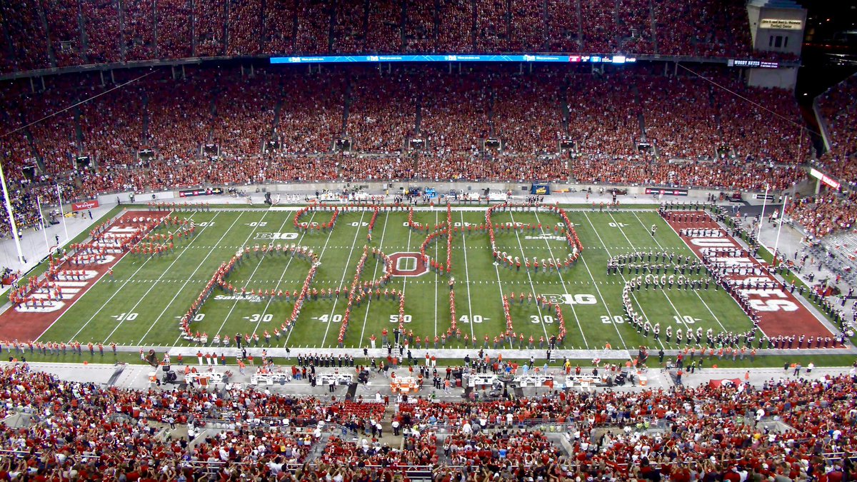 OhioState's tweet photo. What's better than one Script Ohio? Four Script Ohios. 😍🙌 The @OhioStateAlumni Band and @TBDBITL rocked the 'Shoe! 👏 https://t.co/pff4LQeZxp