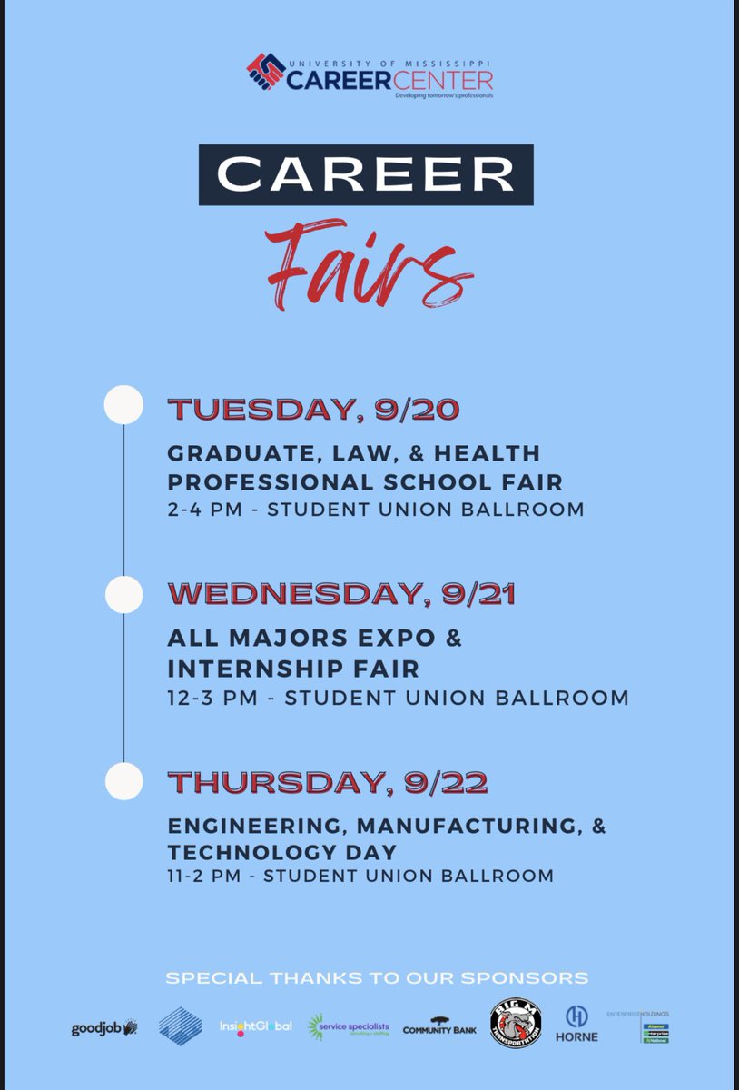Career Fairs this week! This is great opportunity to connect with potential employers, get critiqued on your resume, talk about graduate/professional school, etc.
