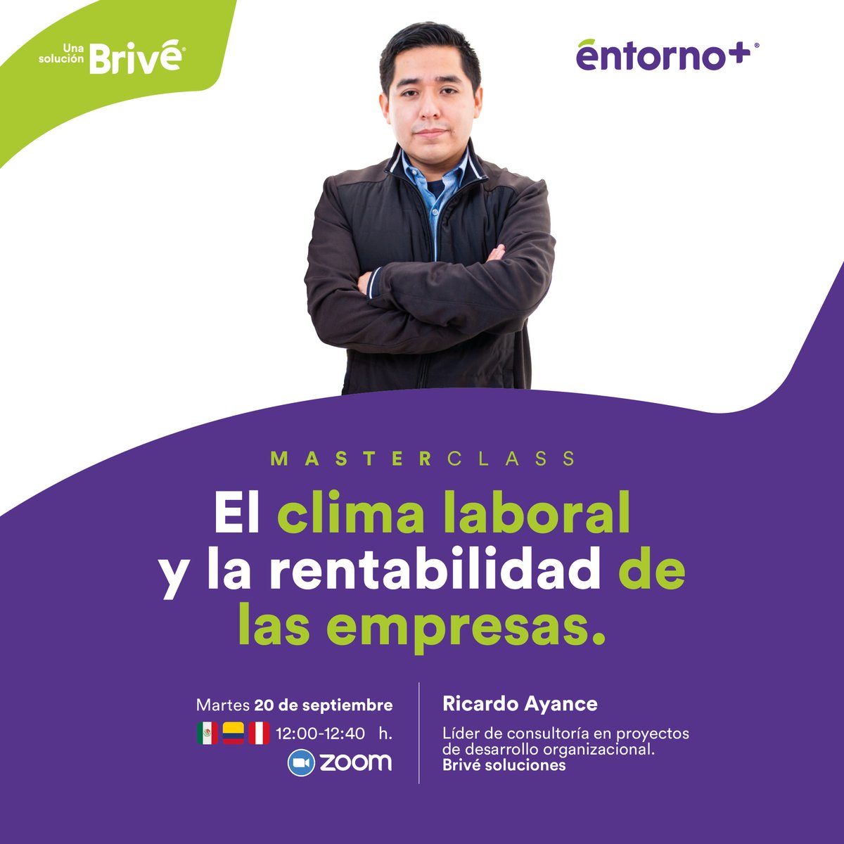 BriveOficial's tweet photo. Conoce los beneficios de un buen clima laboral en las organizaciones, en nuestra próxima masterclass sin costo este martes 20 de septiembre a las 12h con Ricardo Ayance.

 📌 Regístrate sin costo: https://t.co/9kvXj1YcYA 
 
#rrhh #recursoshumanos #bienestarlaboral https://t.co/t1O6iWxcsy