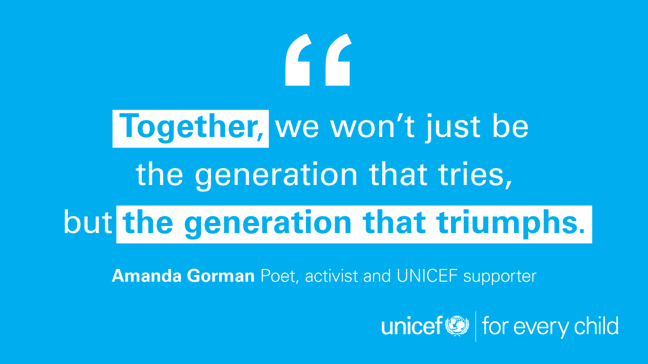UNICEF on X: "Together we triumph. Thank you @TheAmandaGorman for being a  proud supporter of UNICEF and inspiring the world at the #SDGMoment. #UNGA  https://t.co/lahkCo3LLp" / X