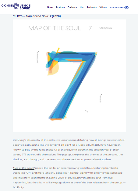 btschartsxdaily's tweet photo. .@consequence named @BTS_twt's "MAP OF THE SOUL: 7" as one of the 75 best album of the last 15 years!

"BTS truly outdid themselves. The pop opus explores the themes of the persona, the shadow, and the ego, and the result was the septet’s most personal work to date" https://t.co/C48VFl8oFF