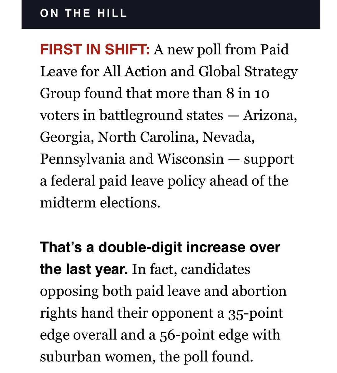 dhuckelbridge's tweet photo. NEW POLL: Support for #PaidLeaveForAll has increased by double digits in the months since #SCOTUS overturned Roe. Voters want leaders who fight for both freedom and family. https://t.co/QlJncnEGJz