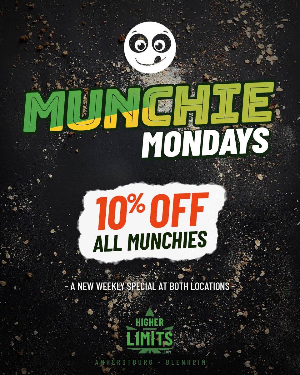 Happy Monday friends!

Don't forget its #munchiemonday! Stop in at either #HigherLimits location and save on munchies all day long, get that week started off right. 🤣

See you soon!

#yourbestbuds #amherstburg #blenheim #chathamkent #windsoressex #bestinthesouthwest