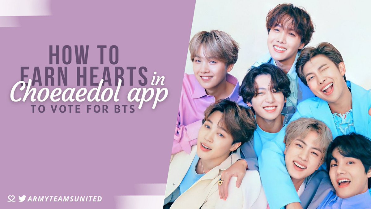 armyteamsunited's tweet photo. [❤️] How to earn hearts on Choeaedol

🔸Daily Hearts (DH)
Reset at 23:30(KST) every night

🔸Ever Hearts (EH)
These hearts never disappear unless you use them
‼️Save Ever Hearts until we tell you to use them for mass voting.

@BTS_twt https://t.co/R1VUBHacwt
