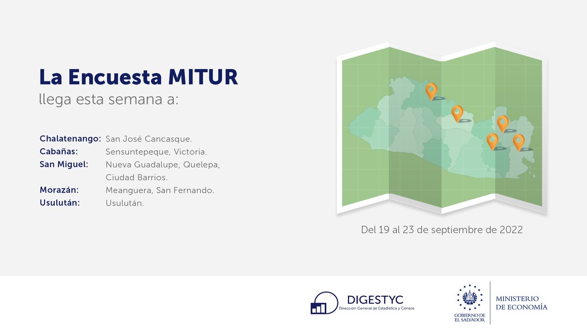 EconomiaSV's tweet photo. 📢Del 19 al 23 de septiembre, equipo de #DIGESTYC recabará datos socioeconómicos y demanda turística interna, a través del mapeo y encuestas:
✅ Hogares de Propósitos Múltiples #EHPM
✅ MITUR

Del 19 al 25 de septiembre:
✅ Uso del Tiempo

👇 Conoce los detalles: https://t.co/nahQ3GTagM