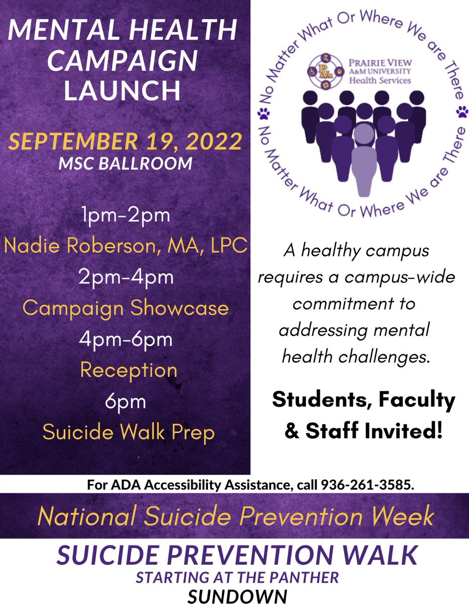 It’s Mental Health Awareness Monday on The Hill! Check out what Health Services has lined up for you today. 

Suicide Prevention Walk is at Sundown. Meet at the Panther.

#nationalsuicidepreventionweek #mentalhealthawareness #pvamu #hbcu