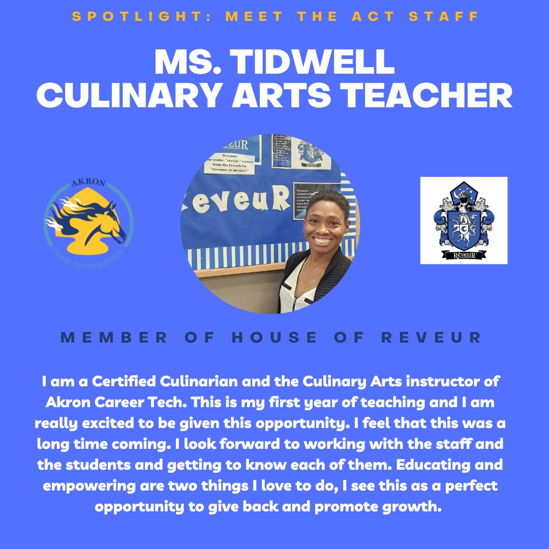 AkronCareerTech's tweet photo. It's a new week and we have a new staff spotlight for you! Today we highlight our new culinary arts teacher, Ms. Tidwell, who is a member of the House of Reveur.

Welcome to Akron Career Tech High School, Ms. Tidwell!

#Akroncareertech #ACT #Akron https://t.co/lmNR1WlFWx