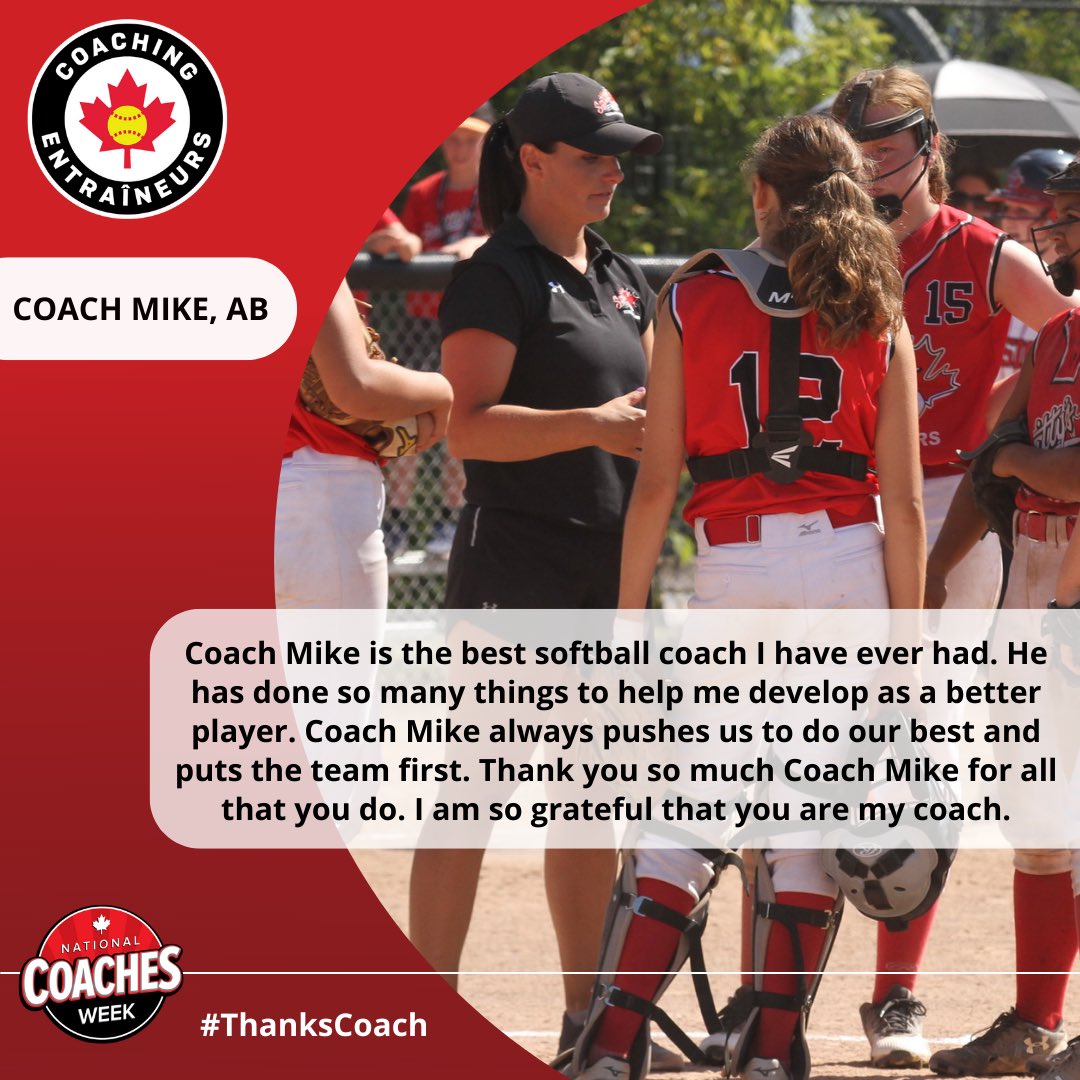 SoftballCanada's tweet photo. Softball Canada is excited to celebrate National Coaches Week to recognize the positive impact coaches have on players across Canada and to highlight the fundamental role they play within the softball community - from grassroots to high performance.
 
Join us to say #ThanksCoach! https://t.co/XPruaIAD9p