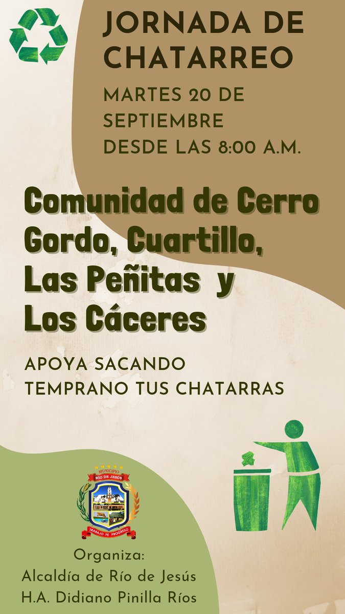 Jornada de Chatarreo mañana martes 20 de septiembre de 2022. 
#worldcleanupday2022 
<a href="/AlcaldiaRDJ/">Alcaldía de Río de Jesús</a> <a href="/didipinilla/">Didiano Pinilla Rios</a>