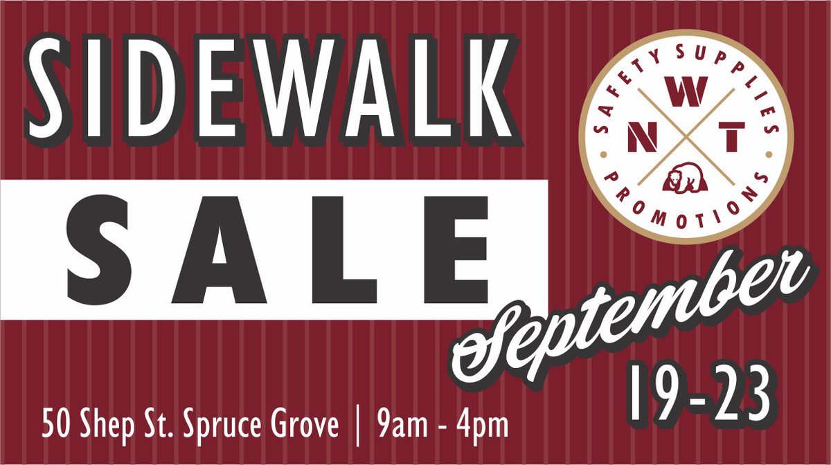NWTSafety's tweet photo. @NWTPromo Our Sidewalk Sale starts today and runs until the end of the week. Stop by for great deals on an assortment of workwear and clothing. #sale #workwear #sprucegrove #nisku https://t.co/HsoGtlrQWa