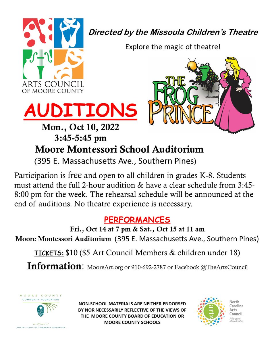 MooreArts's tweet photo. Get ready, because Missoula Children's Theater is coming to Southern Pines! Auditions for The Frog Prince start Monday, Oct. 10 at 3:45pm, so hop on over! https://t.co/8dfFMdsOC6
