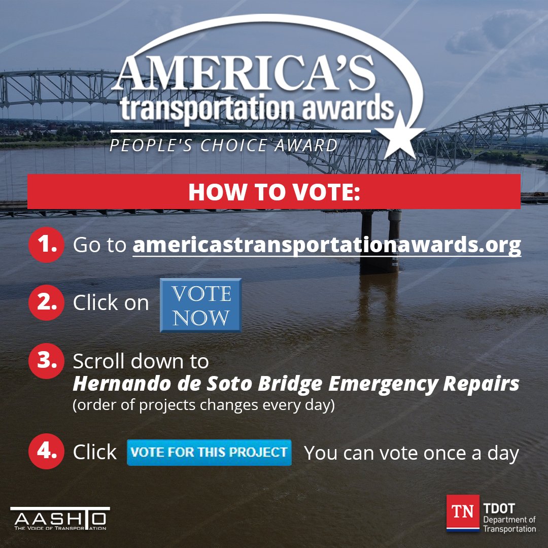 We're near last place! Please vote once every day to help us win!!! 

HOW TO VOTE:
(1) Go to americastransportationawards.org 
(2) Click 'Vote Now' 
(3) Scroll to 'Hernando de Soto Bridge' (order of projects changes daily)
(4) Vote