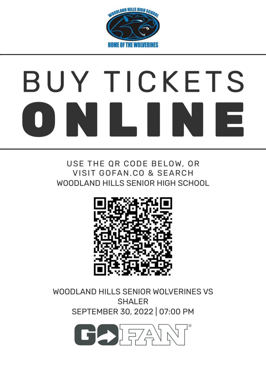 woodyhigh_ad's tweet photo. Woodland Hills vs. Shaler football tickets are now available online through GoFan. Scan the QR code to get yours!

Students must be accompanied by an adult. Tickets are $4 + $1 service fee. Please do not redeem ticket by yourself or you will have to purchase a new one. https://t.co/AhePKhPQyO