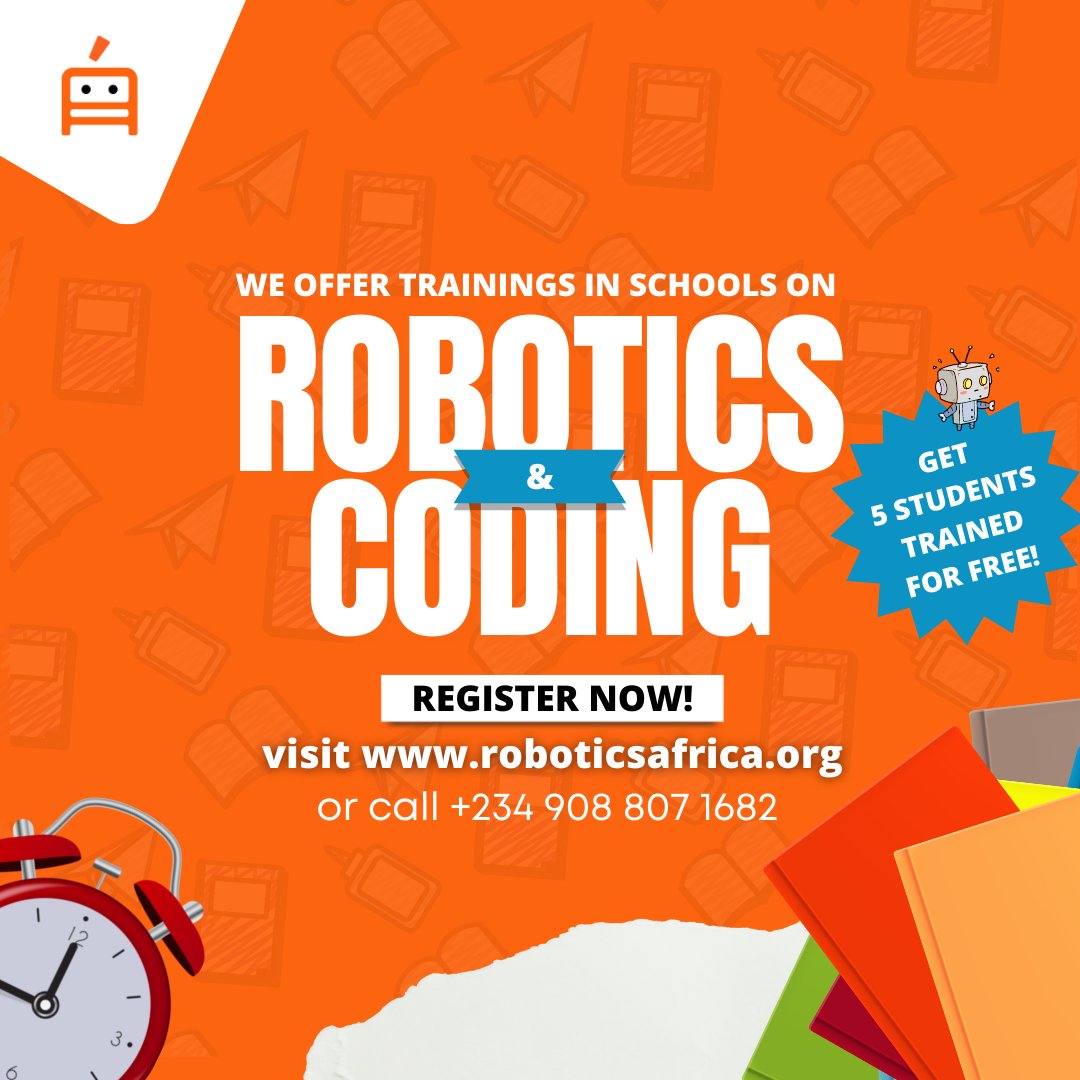 _Roboticsafrica's tweet photo. We offer robotics and coding training in schools!

Call us to register your nursery/primary or secondary school and get 5 students trained for free!

Contact us on +234 908 807 1682 
You can also send an email to contact@roboticsafrica.org
.
#roboticsafrica #roboticsafrica https://t.co/il4XAkHiqR