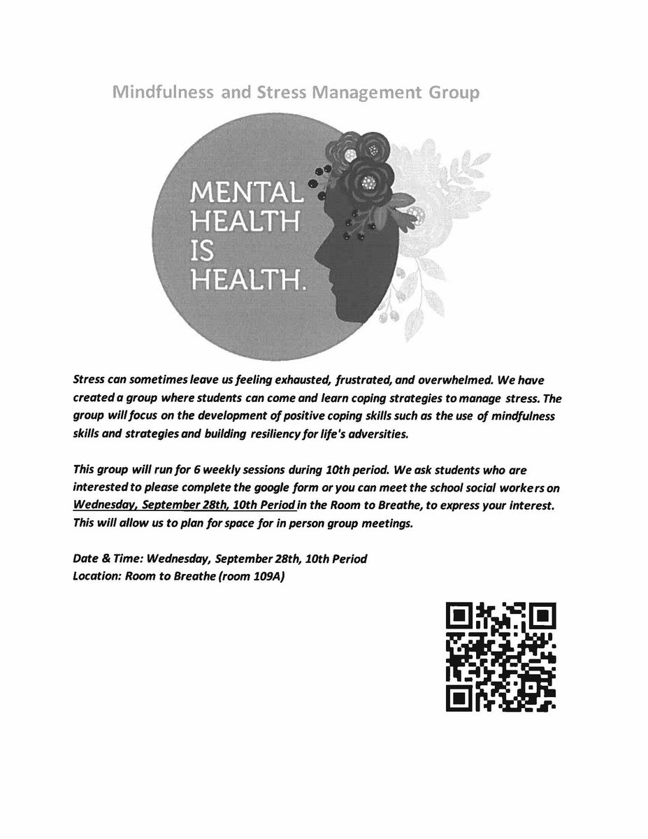 Our social workers will be running a Mindfulness and Stress Management Group. If you are interested in developing positive coping skills such as the use of mindfulness skills and strategies and building resiliency for life's adversities, please check out the flyer! <a href="/marytomeara/">Mary O’Meara</a>