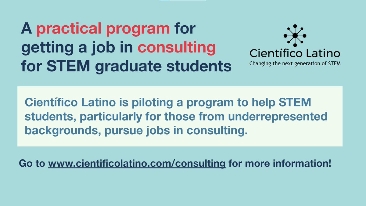 cientificolatin's tweet photo. We're proud to announce the launch of our Consulting Mentorship Program! 

Are you a STEM graduate student considering getting a job in consulting? Sign up today for our first informational webinar on 10/16 to learn more!

https://t.co/yN4qmRg6Xl https://t.co/9W3LQaUDqU