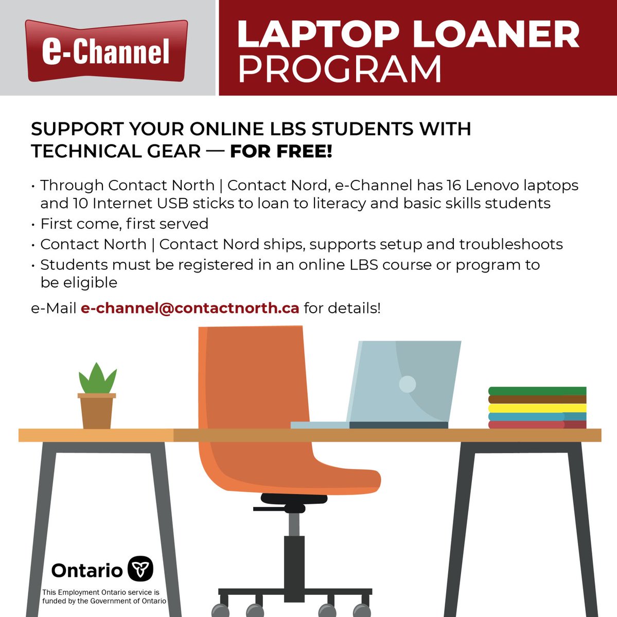 If your learners don’t have a computer and are enrolled in an #LBS online course, they may qualify for a FREE loaner laptop and/or internet stick through this
<a href="/ContactNorth/">Contact North</a> and e-channel initiative. 

Email e-channel@contactnorth.ca for full details. #LiteracyON #digitaldivide
