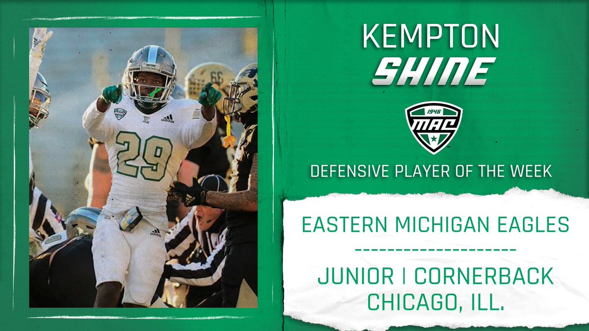 MACSports's tweet photo. EMU’s Kempton Shine was instrumental in the Eagles’ 30-21 victory over the Sun Devils. Perhaps the most important play of the game, Shine forced and collected an ASU fumble with just minutes remaining in the game. 

#StackEm | #MACtion https://t.co/Gload8IaQV