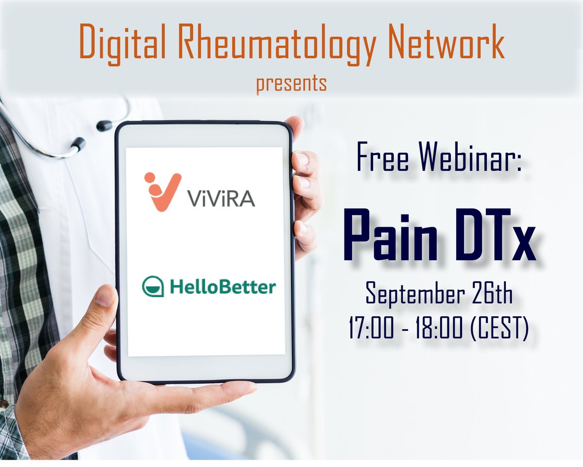 digital_rheuma's tweet photo. Free Webinar on September 26th 17:00 CEST: Pain DTx - @vivirahealth and @HelloBetter_de - Presentation and Q&A! Register here: https://t.co/aq9n7Y8Aex https://t.co/1b9LQwjNgj