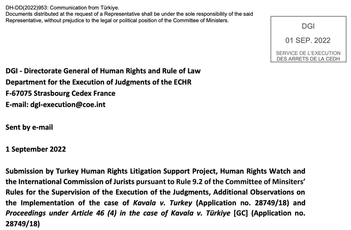 🆕 Submission on Kavala v Türkiye🇹🇷 by @hrw @ICJ_org & @TR_Litigation The continuation of Kavala’s detention demonstrates a flagrant disregard for the Convention rights & the Convention system. Read their full submission here👇 search.coe.int/cm/Pages/resul…