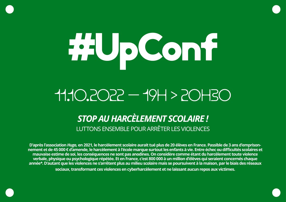 up_conf's tweet photo. 🚨 Nouvelle #UpConf 🚨
⚪🟢 11 OCTOBRE à 19h - Lutter ensemble contre le #harcèlementscolaire !
Comment repérer le harcèlement scolaire ? Quels sont les moyens mis à disposition et comment venir en aide aux victimes lorsqu’on en est témoin ?
Intervenantes et inscriptions 👇 https://t.co/Tz14kHyFat