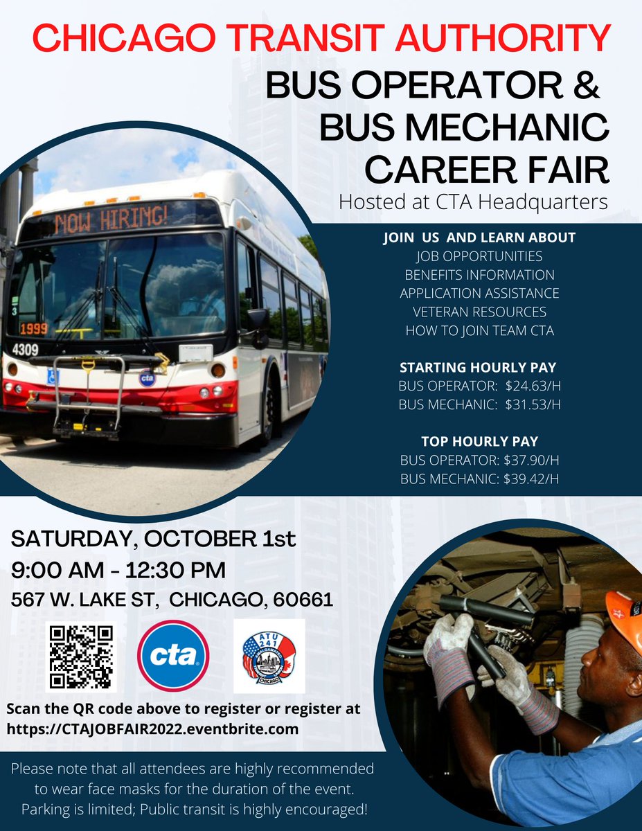 cta's tweet photo. #TeamCTA and ATU Local 241 are excited to announce a Bus Operator & Bus Mechanic Career Fair, Saturday, October 1st!
During this event, you'll learn about both positions, how to apply, & hear from CTA staff & union representatives.
Registration required: https://t.co/05L262aYP1 https://t.co/8EG9iKPzl2
