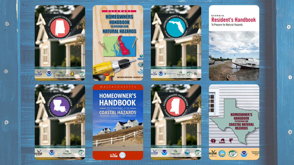 SeaGrant's tweet photo. #NatlPrep Prepare for disasters like #hurricanes, #tornadoes, #floods and more. Homeowner’s Handbooks from Sea Grant programs share state-specific information on natural hazards, tips to mitigate risks and #recovery #resources: https://t.co/ebfDYsPL4s #SGSafetyFirst #SGResilience https://t.co/q4zxSoSuD6