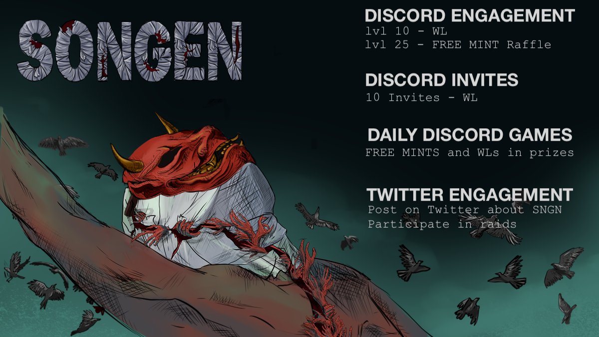FOMO kick in👹

Monkes, Boogles, DeGods and Okay Bears have already joined the crew. 

And some BIG partnerships are cooking 🚀(just wait for it) 

Didn’t get WL yet? We got you👌
discord.gg/VQyMv7ufMy

10 WL spots - Follow <a href="/SongenArt/">SONGEN</a>, RT &amp; Like